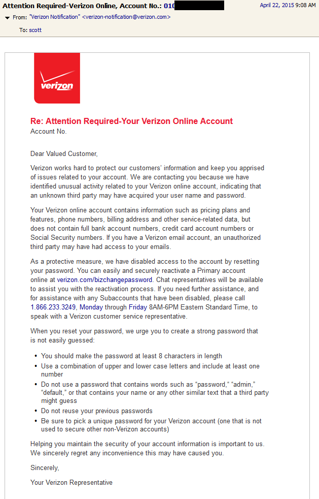 Verizon - Account Password Reset Email