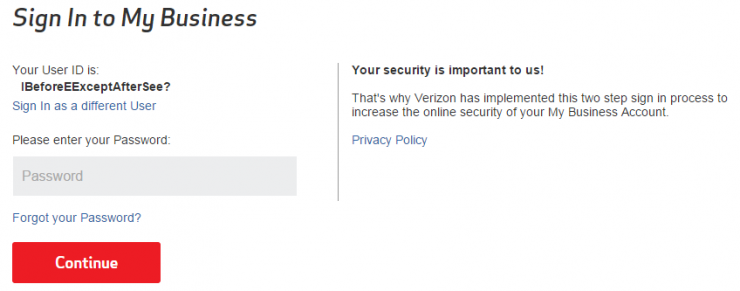 Verizon Login - Example of Poor Grammar 2