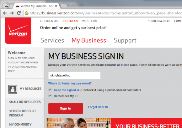 Verizon Login - Right spelling