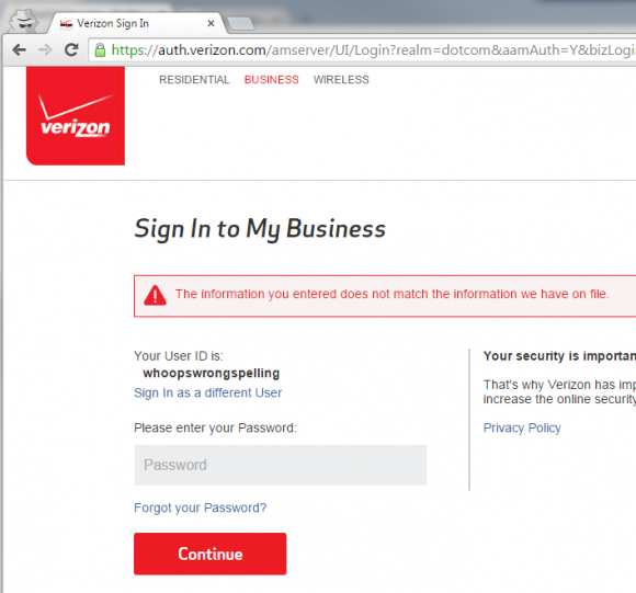 Verizon Login - Right spelling password entry