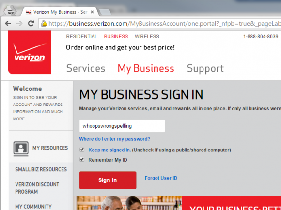 Verizon Login - Wrong spelling