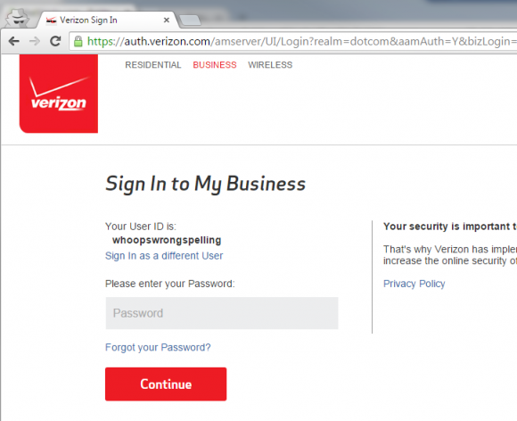 Verizon Login - Wrong spelling password entry