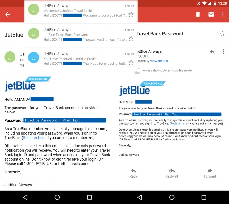 JetBlue Travel Bank Password in Plain Text